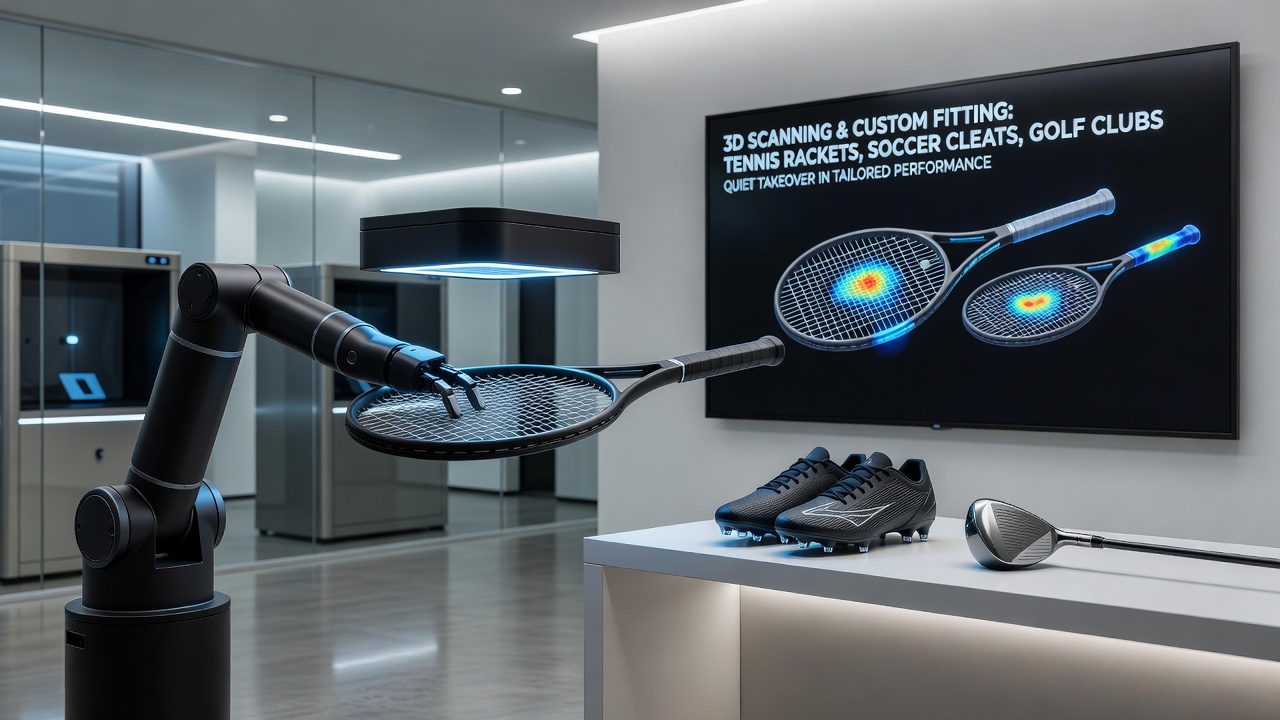 Athlete foot being 3D scanned for custom soccer cleat design with measurement overlays visible on screen