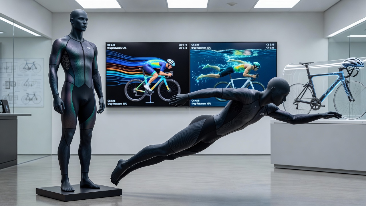 Wind tunnel testing setup showing airflow over cycling skinsuit and motorsport-inspired helmet designs