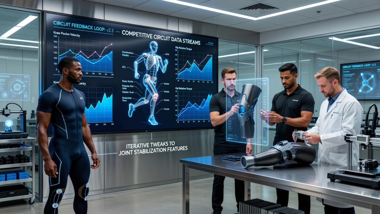 Close-up of sensor data overlays on athletic footwear and protective hand wraps used in field and mat sports