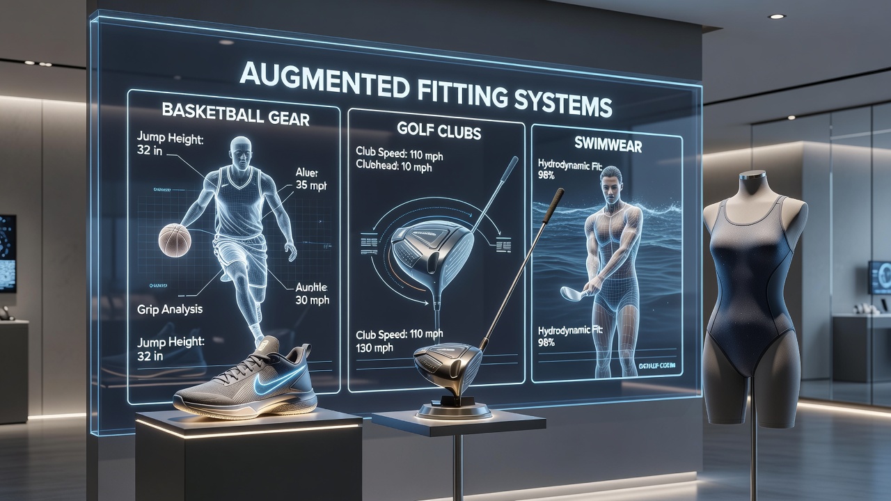 Athletes using augmented reality interfaces to select basketball shoes, golf clubs, and swimwear through 3D body mapping and digital overlays