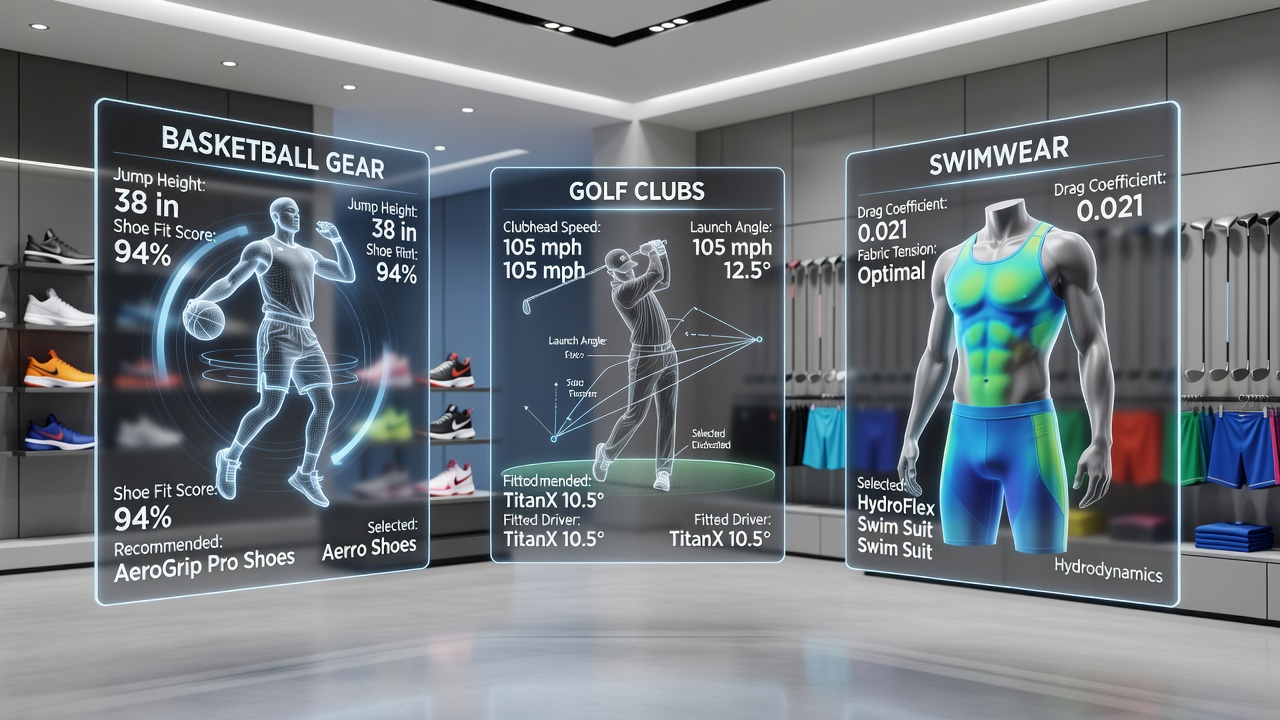 Close-up view of a golfer reviewing augmented fitting data on a tablet while selecting clubs through digital simulation overlays