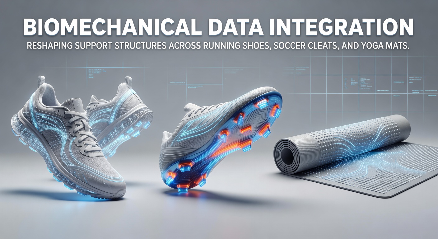 Detailed biomechanical sensor data overlaid on running shoe prototypes showing pressure mapping and gait analysis integration