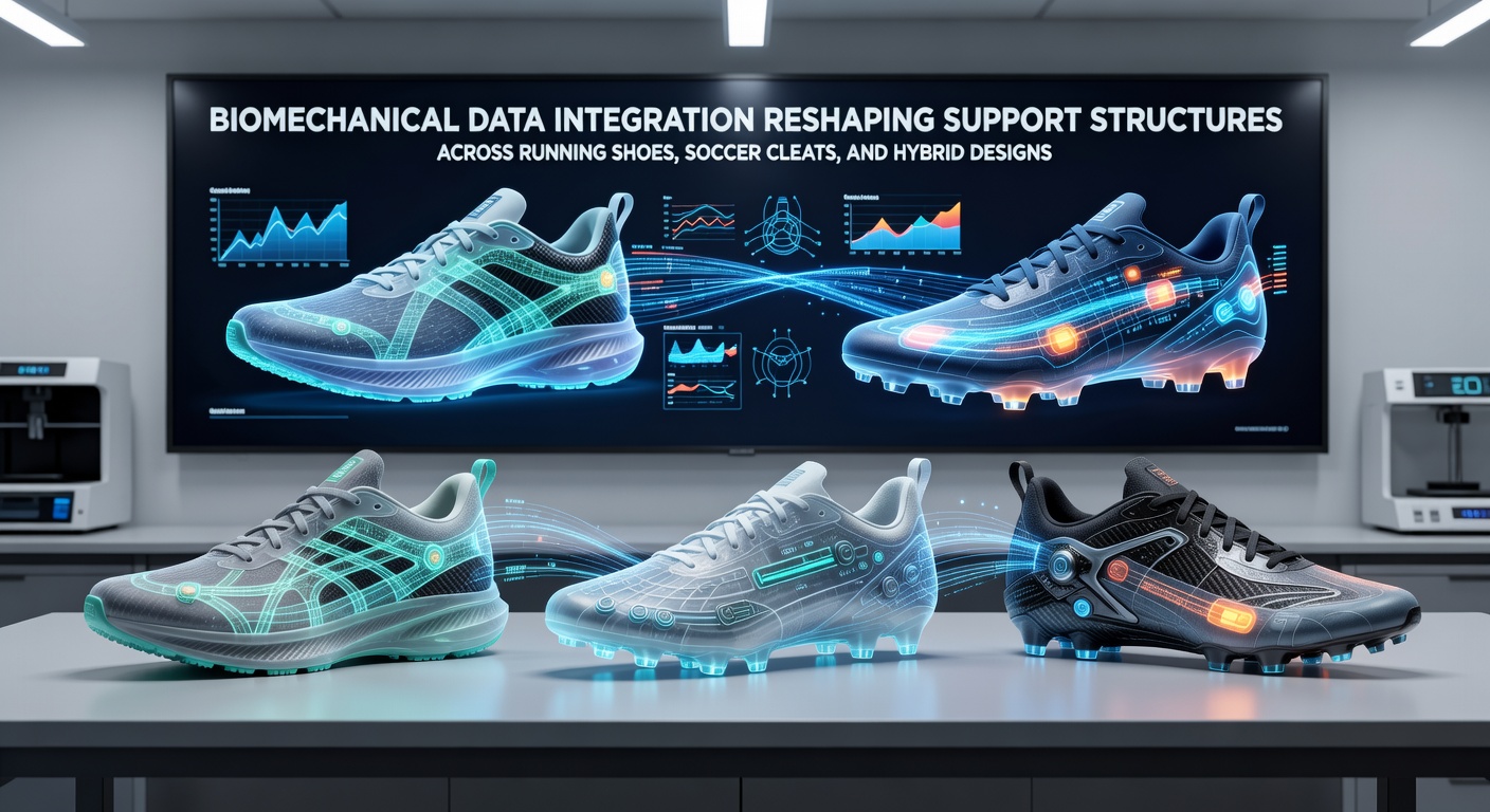 Cross-section view of integrated support layers in soccer cleats and yoga mats derived from pressure and motion datasets