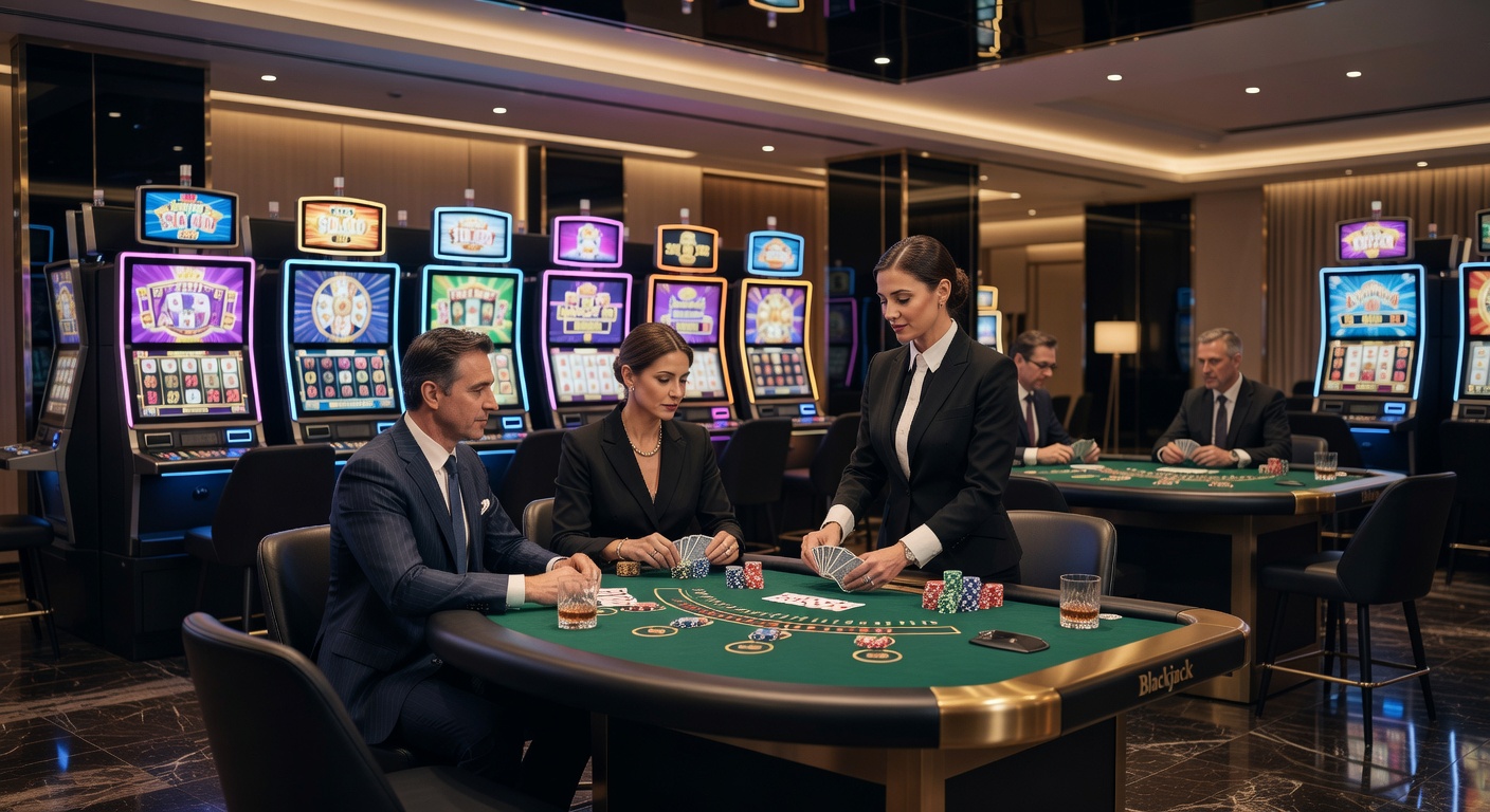 Vibrant casino floor bustling with slot machines, roulette tables, and players engaged in blackjack, capturing the electric atmosphere of live gaming