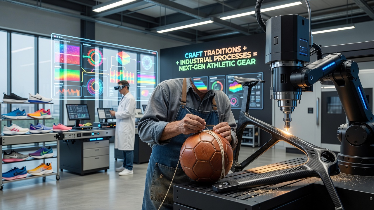 Artisan hand-stitching leather panels onto a partially assembled soccer ball while industrial robotic arms handle precision cutting nearby in a modern factory setting