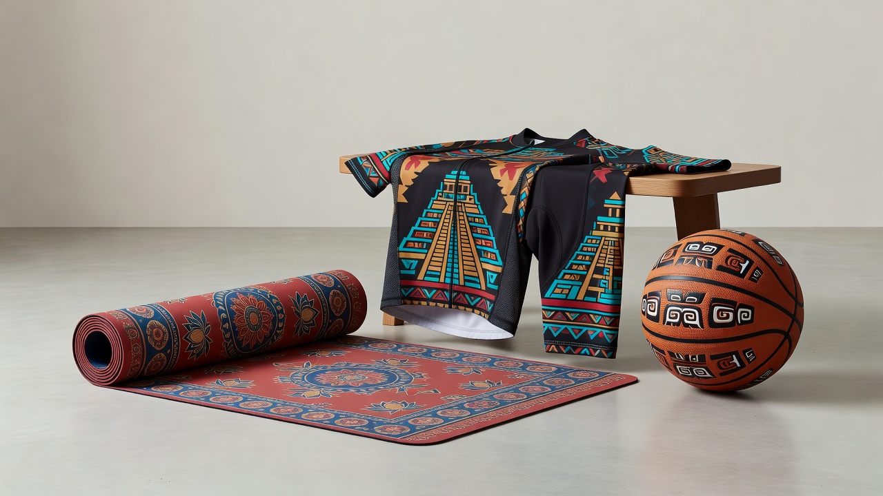 Cycling apparel and basketball gear displaying integrated cultural heritage motifs