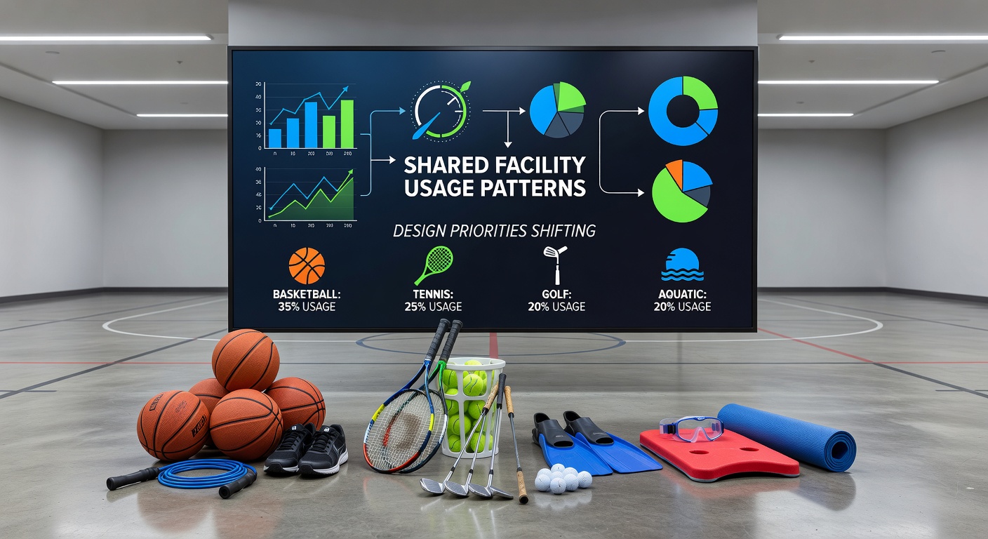 Shared multi-sport facility showing basketball courts adjacent to tennis areas and golf simulators with aquatic training zones nearby