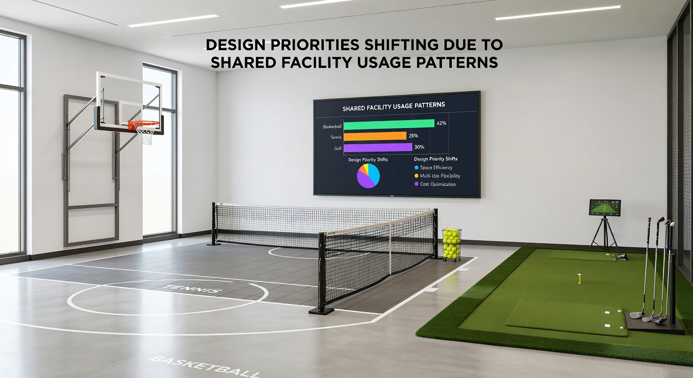 Close-up of modular storage racks holding basketballs, tennis rackets, golf alignment tools, and aquatic training accessories together