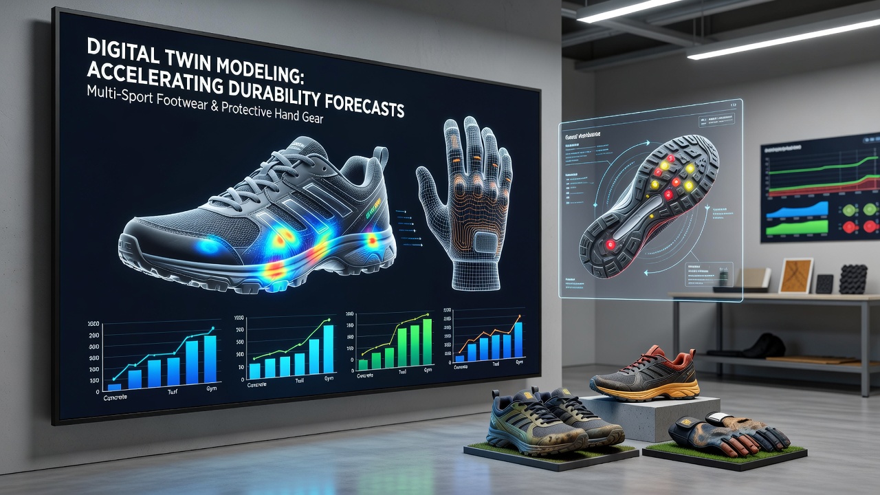 Digital twin simulation interface displaying multi-sport footwear stress patterns on synthetic turf and indoor court surfaces