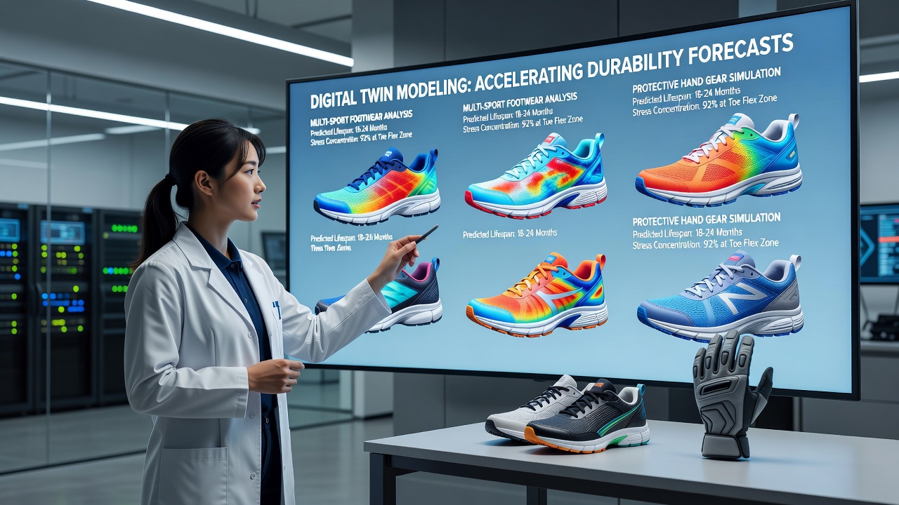 Side-by-side comparison of physical multi-sport footwear samples and their corresponding digital twin stress visualizations on varied surfaces