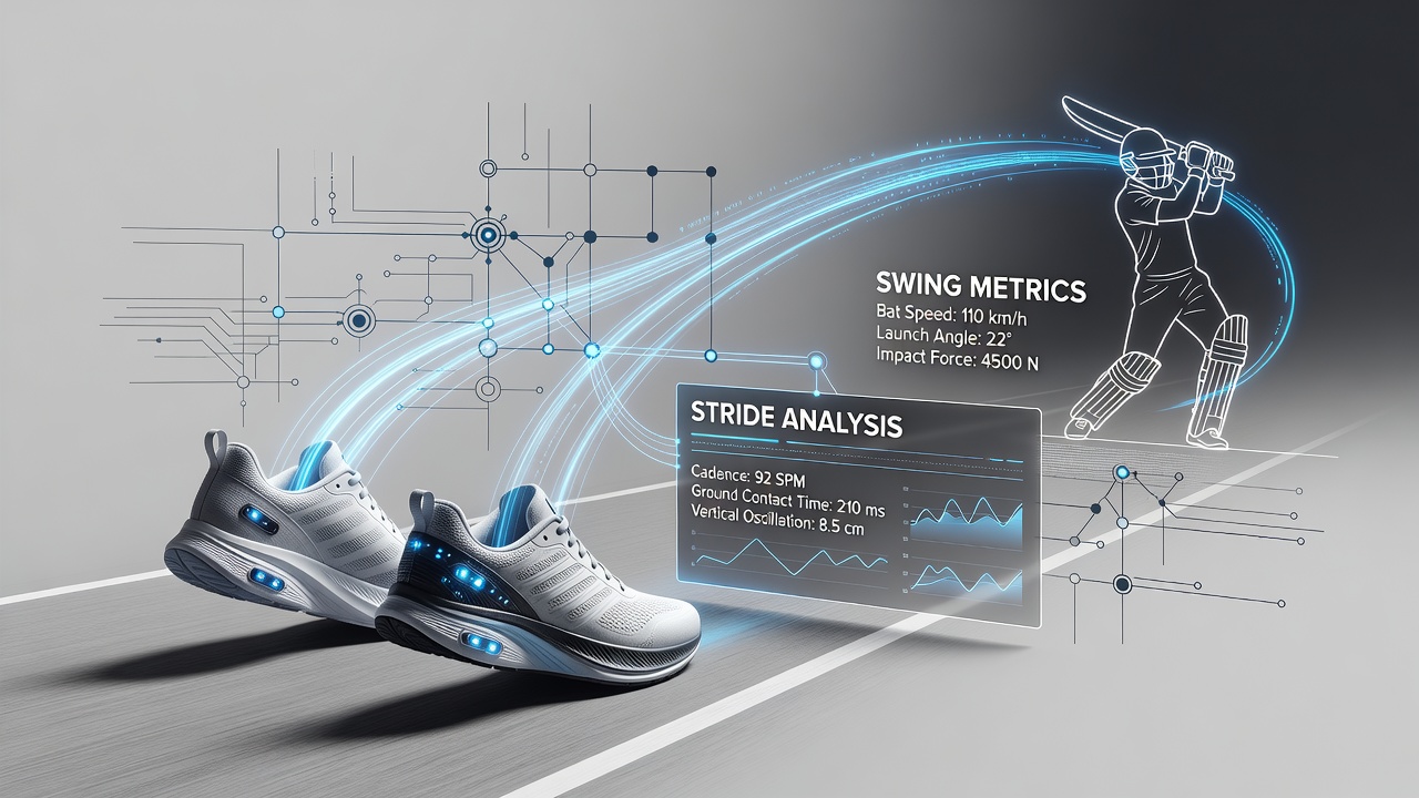 Detailed view of sensor placement in running shoes and integrated striking equipment with data synchronization diagram