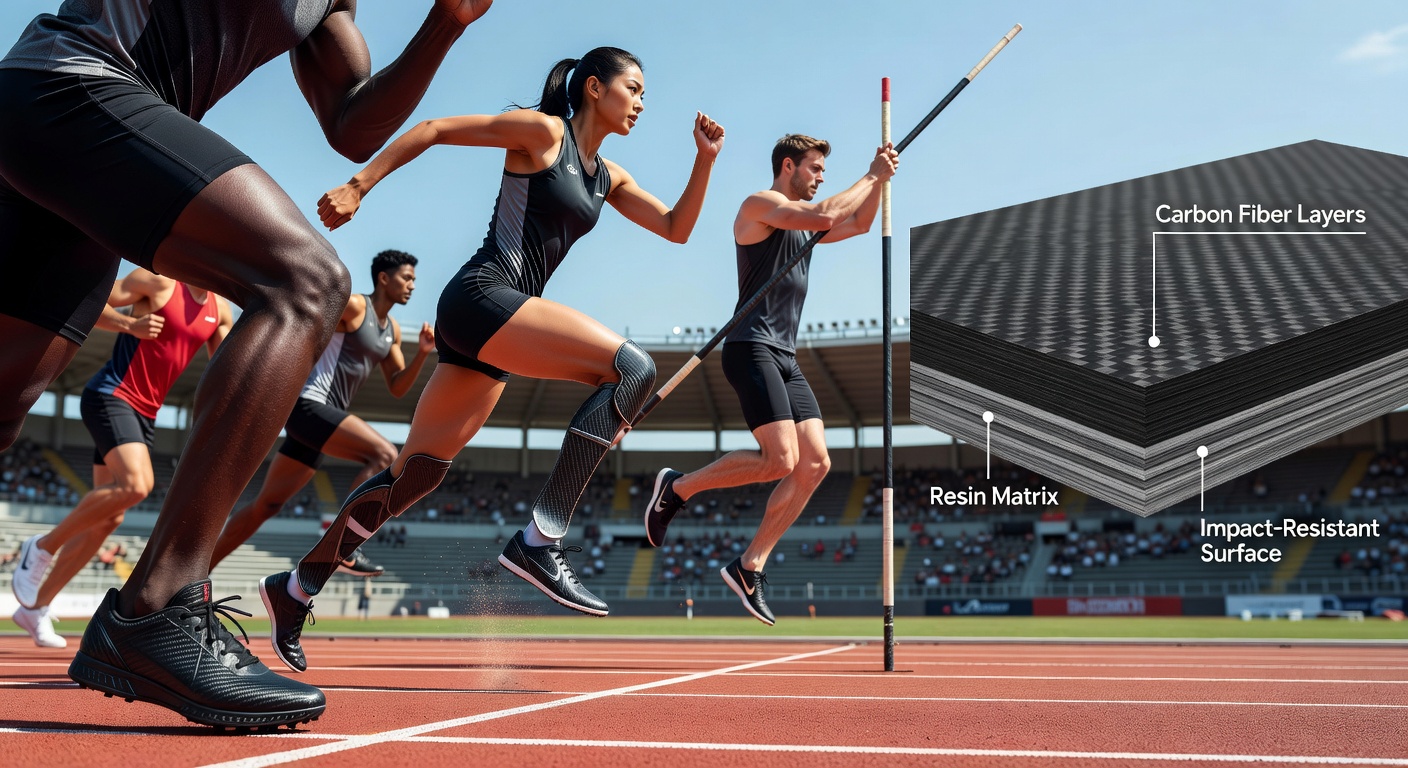 Composite sports equipment undergoing durability evaluation in extreme temperature and moisture chambers