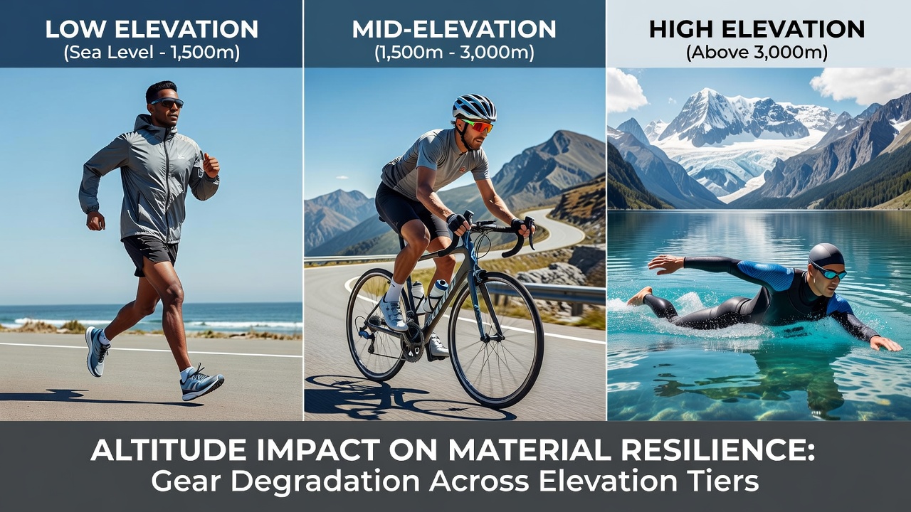 High-altitude running shoes and cycling apparel tested in mountain conditions showing material stress indicators