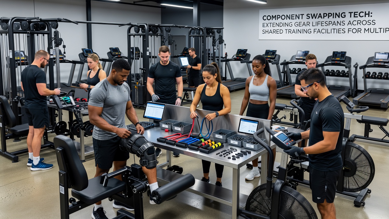 Technician replacing modular padding in shared fitness equipment at a multi-sport facility