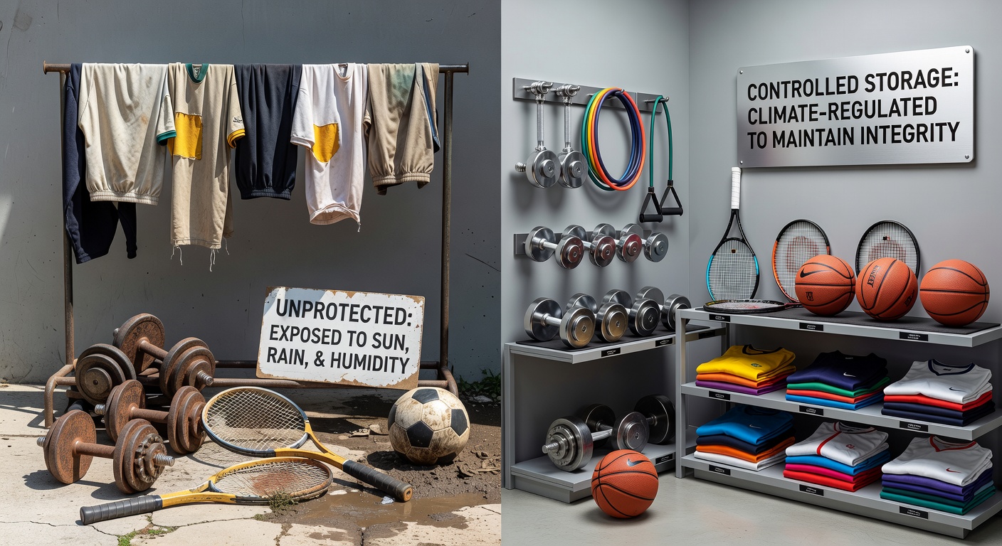 Storage facility showing organized fitness tools and court equipment protected from environmental elements