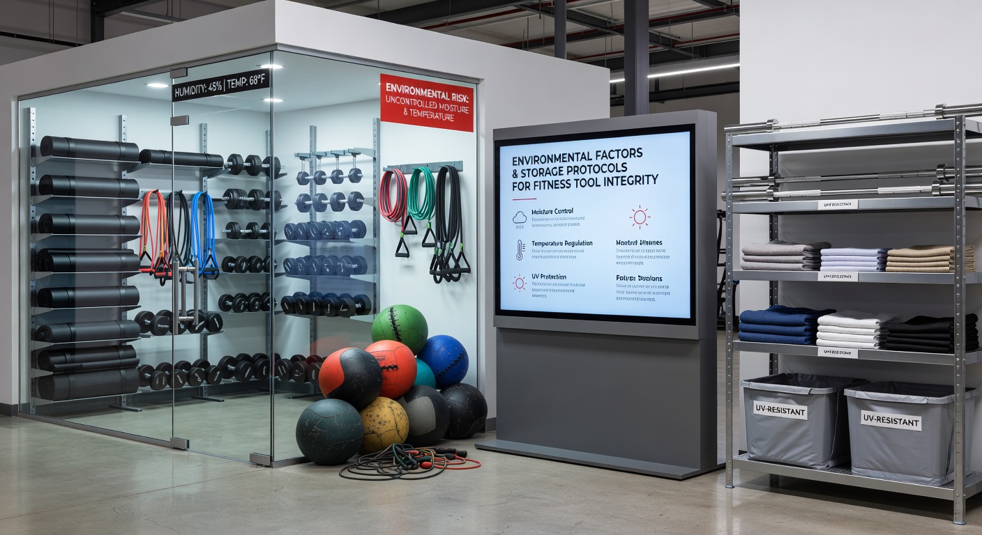 Close-up of field apparel and fitness tools in climate-controlled storage racks