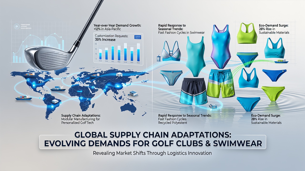 Global supply chain network for golf clubs and swimwear showing manufacturing hubs and distribution routes