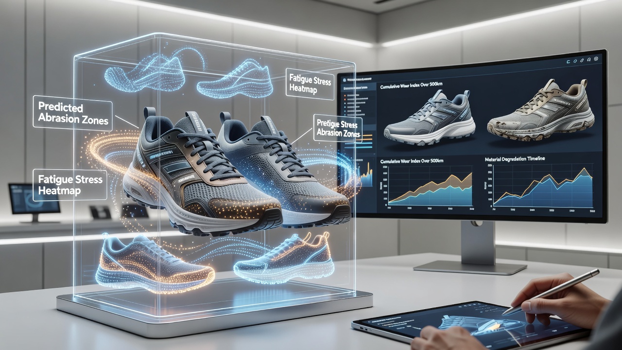 Side-by-side comparison of virtual wear simulation output and physical shoe after 500 hours of laboratory testing