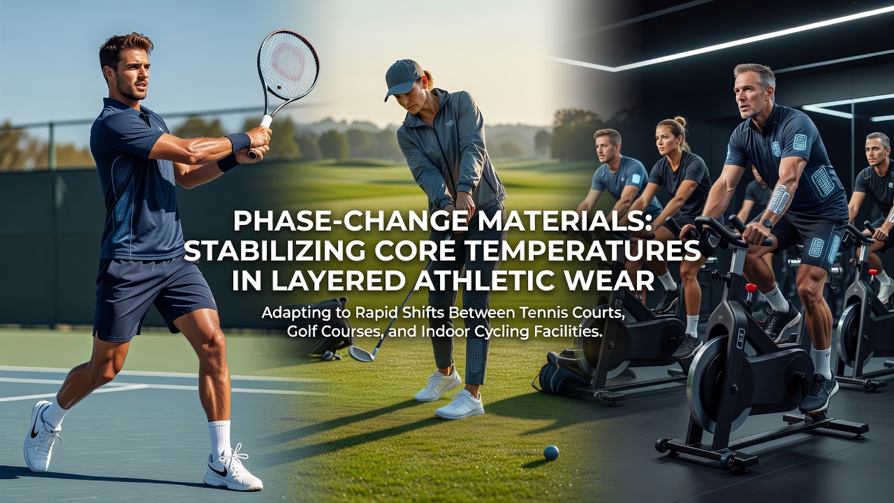 Layered athletic wear incorporating phase-change materials for temperature regulation across outdoor and indoor sports environments