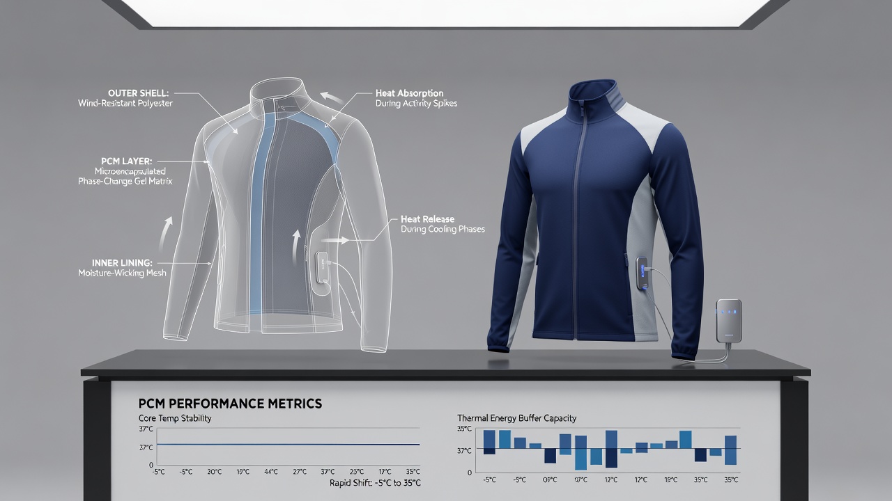 Athletes transitioning between tennis, golf, and cycling environments wearing PCM-enhanced layered apparel
