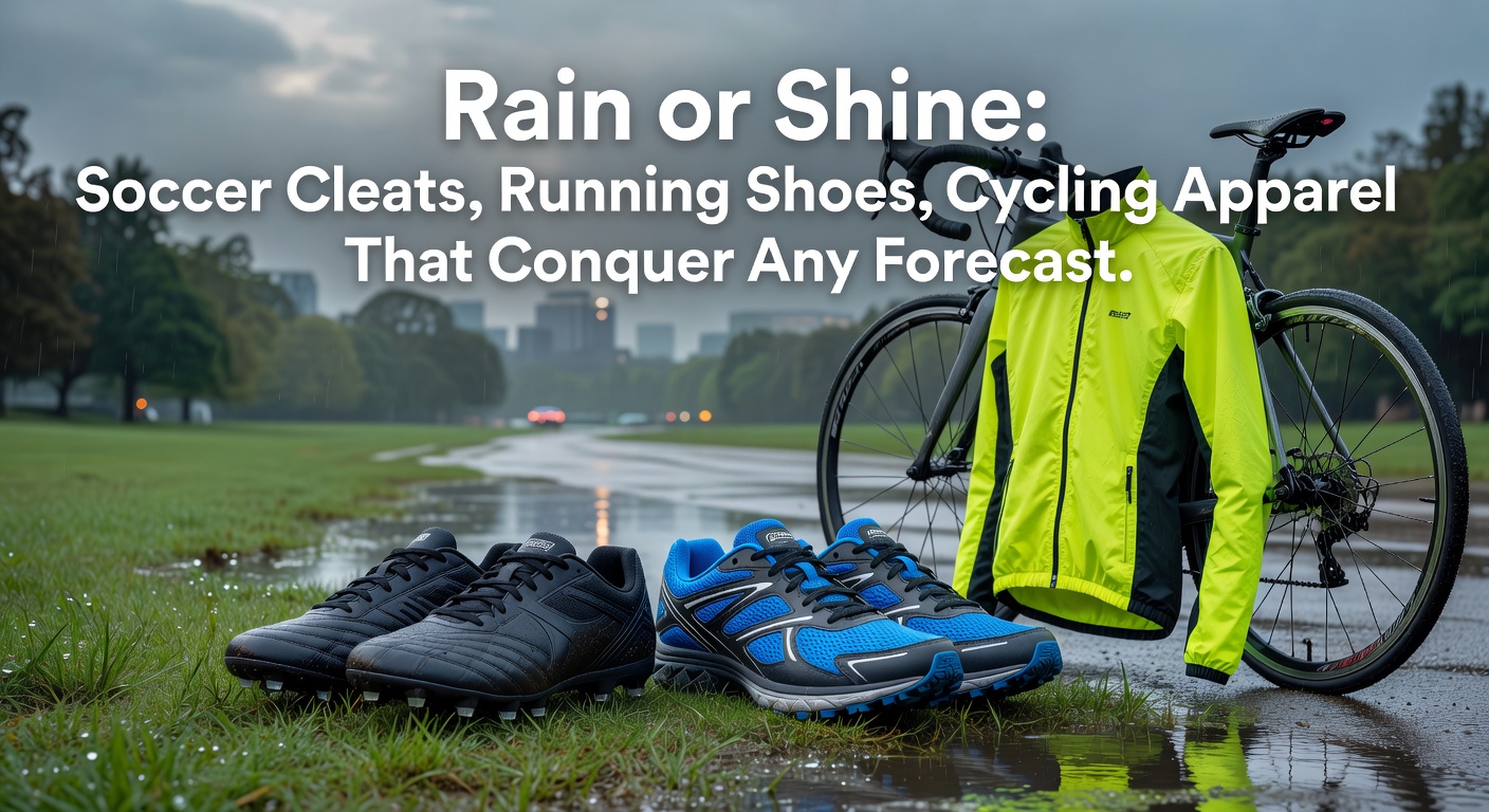 Soccer player kicking through heavy rain in advanced waterproof cleats, mud splashing around specialized studs designed for wet pitches