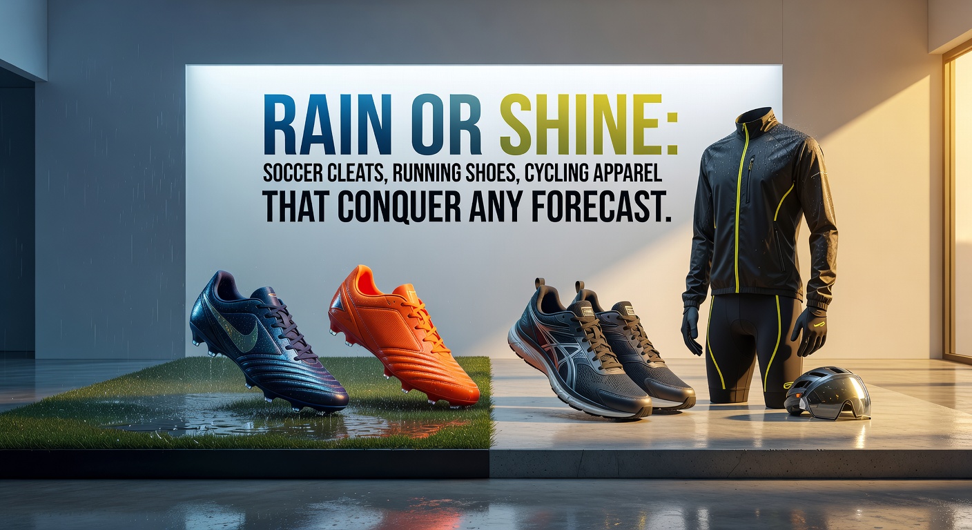 Runner powering through a torrential downpour on a forested trail, feet protected by high-traction, waterproof shoes splashing through deep puddles