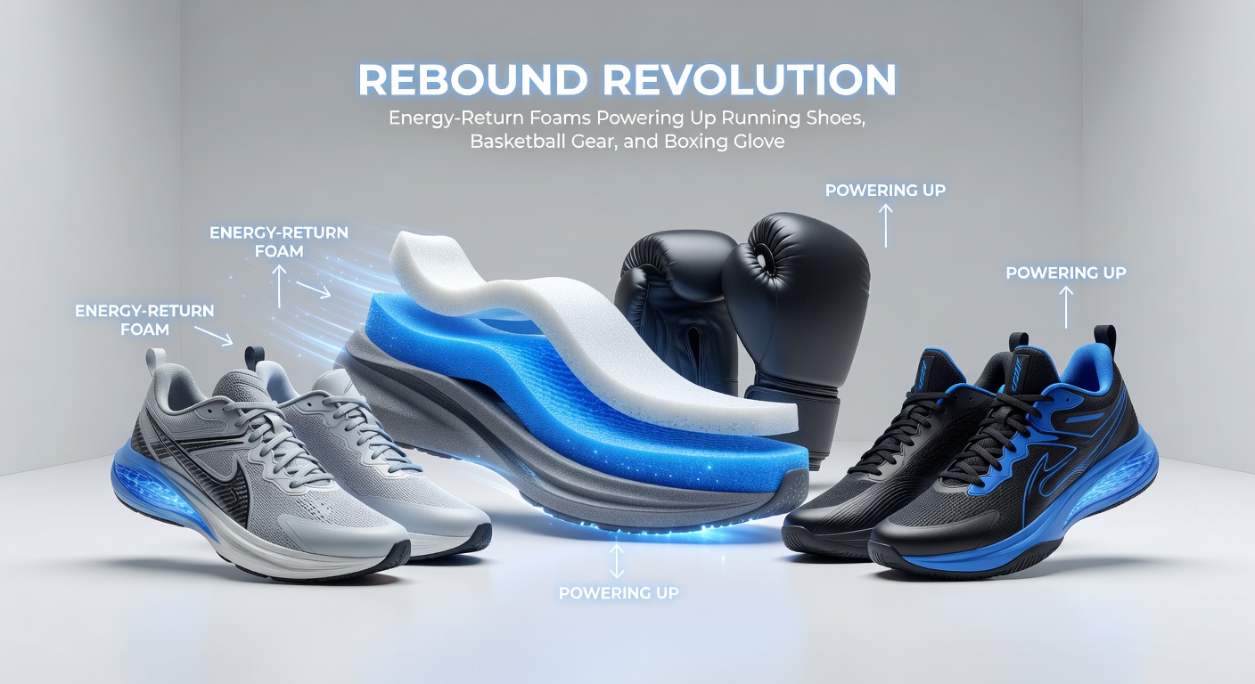 Basketball player mid-air dunking in high-top sneakers with visible energy-return foam midsoles, highlighting explosive lift and cushioning