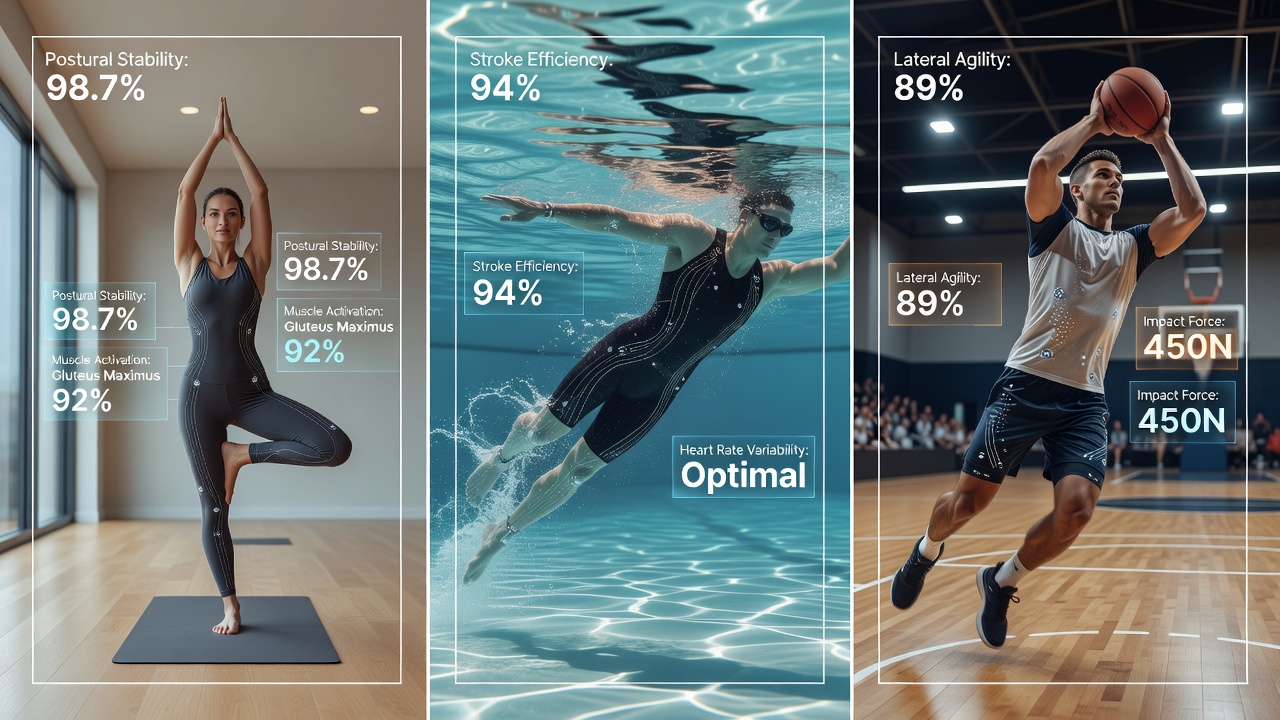 Athlete performing yoga pose in sensor-embedded athletic wear with data overlay visualization