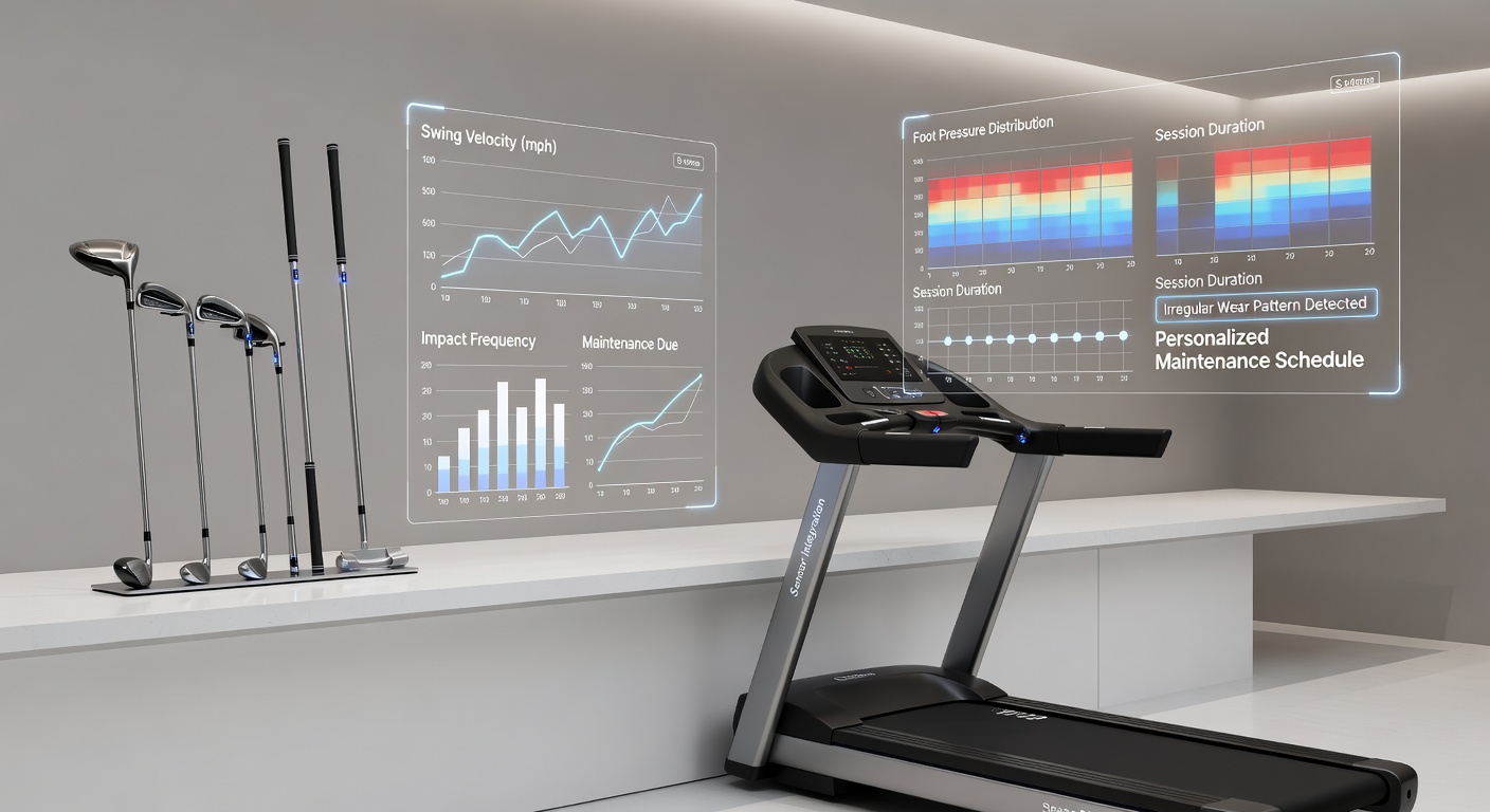 Sensors embedded in fitness equipment and golf clubs tracking usage data for maintenance