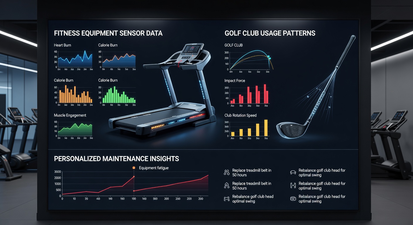 Data analytics dashboard showing usage patterns and predicted maintenance needs for golf clubs and fitness machines