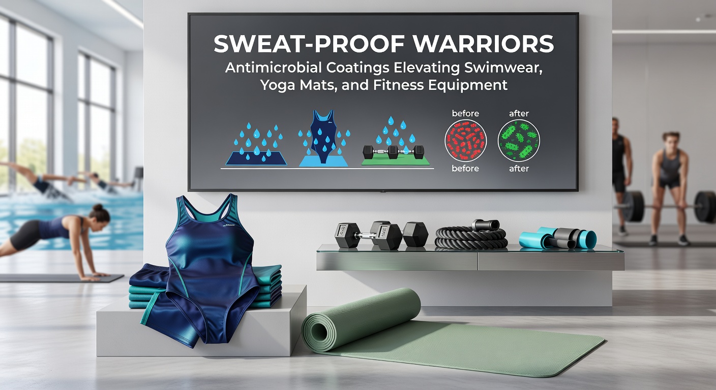 Fitness equipment like dumbbells and treadmills featuring glossy antimicrobial surfaces, repelling sweat and bacteria in a gym setting