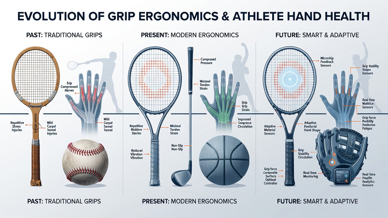 Historical progression of grip designs from leather wraps to modern ergonomic handles in tennis rackets and baseball bats