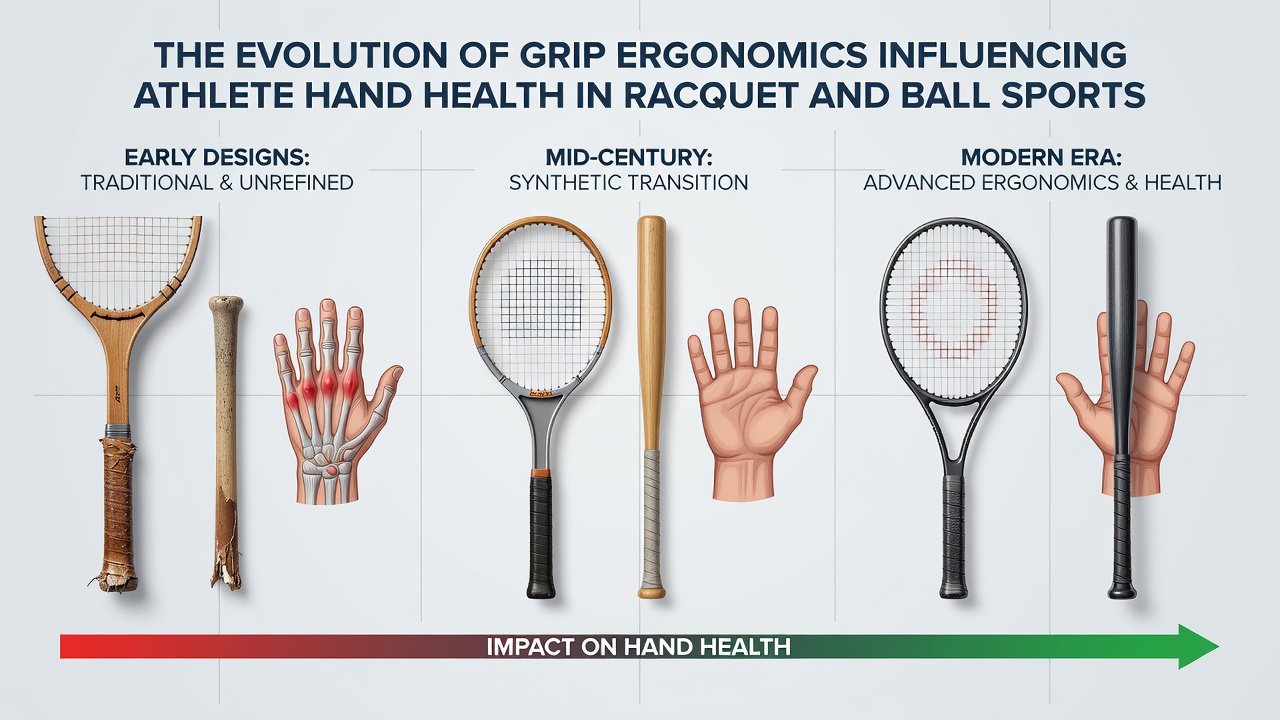 Close-up of current ergonomic grip textures and sensor-embedded handles used in professional racquet and bat sports