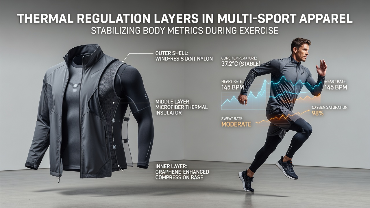 Cross-training athlete wearing layered apparel with thermal regulation features