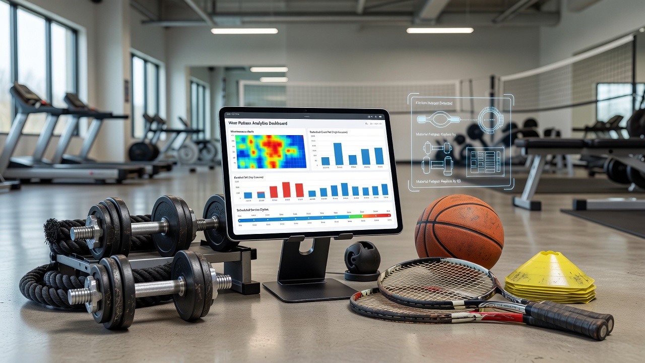 Wear pattern analysis on shared fitness equipment surfaces showing tread wear and grip degradation in a training facility
