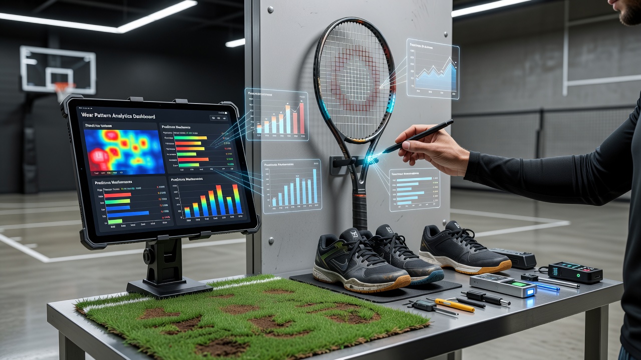 Technician using portable scanner to map wear patterns on a basketball court accessory and adjacent field equipment