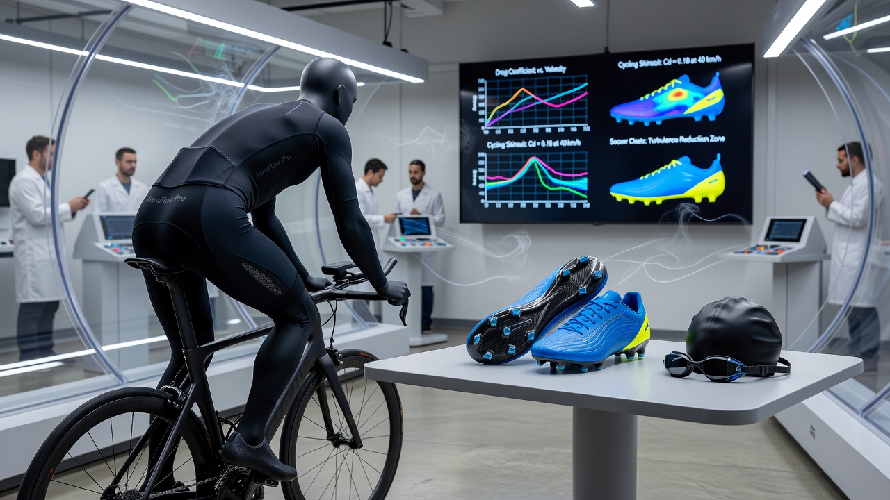 Wind tunnel setup testing cycling apparel for drag reduction with athlete mannequin positioned in airflow